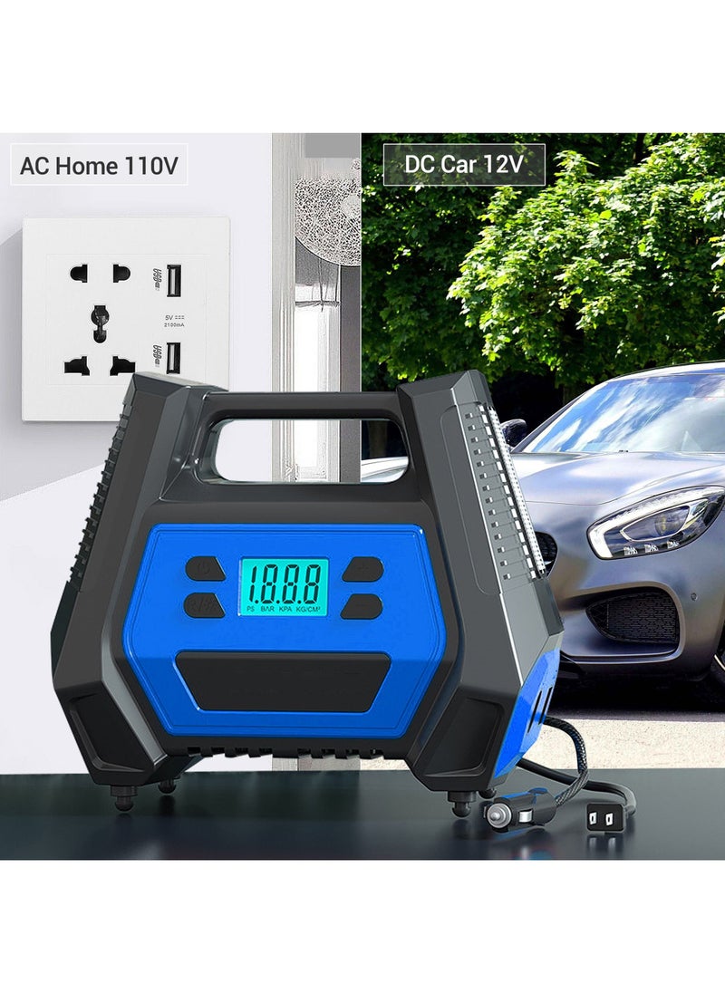Swift - 12V Portable Car Air Compressor Tire Inflator Electric Air Pump 110V-220V AC/DC Dual Power Tire Pump With LED Light For Home Car, Blue - Image 1