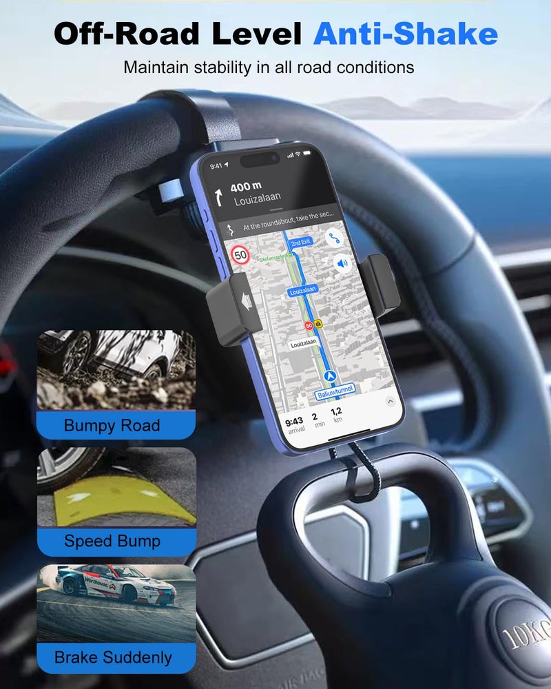 Kolasels Steering Wheel Phone Holder with Large Metal Clip[Thick Cases Friendly]Adjustable Phone Holders for Your Car, Truck, Tesla, Hands Free Phone Mount for iPhone 16 15 Pro Max, Android Smartphone - Image 3