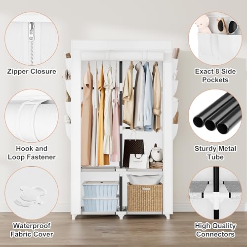 BrFoYu Portable Closet for Hanging Clothes, Portable Wardrobe Closet with Cover, 4 Storage Shelves, 2 Hanging Rods and 8 Side Pockets, Easy Assembly and Sturdy Free Standing Closet for Bedroom, White - Image 4