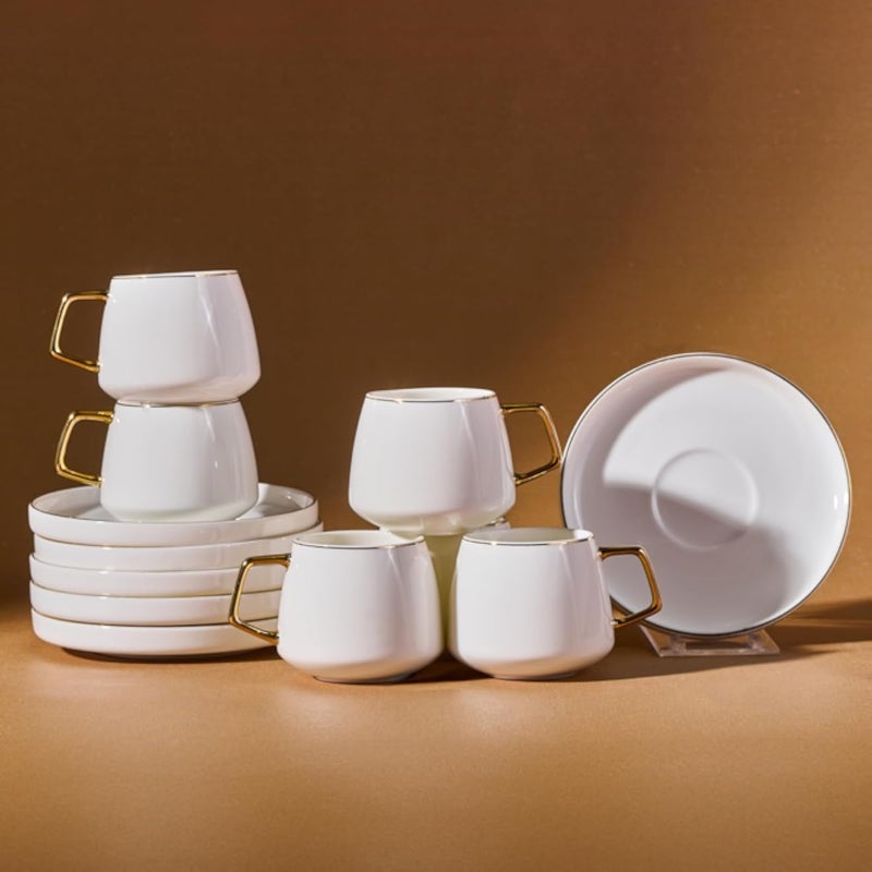 Karaca Streamline Saturn 12-Piece Porcelain Espresso Turkish Coffee Cup Set for 6 People, 100ml, White Gold