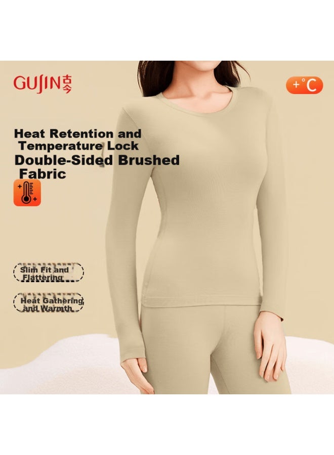 Gujin Autumn Winter Fleece Lined Thermal Set Women's Long Sleeve Round Neck Thickened Warm Underwear - Image 1