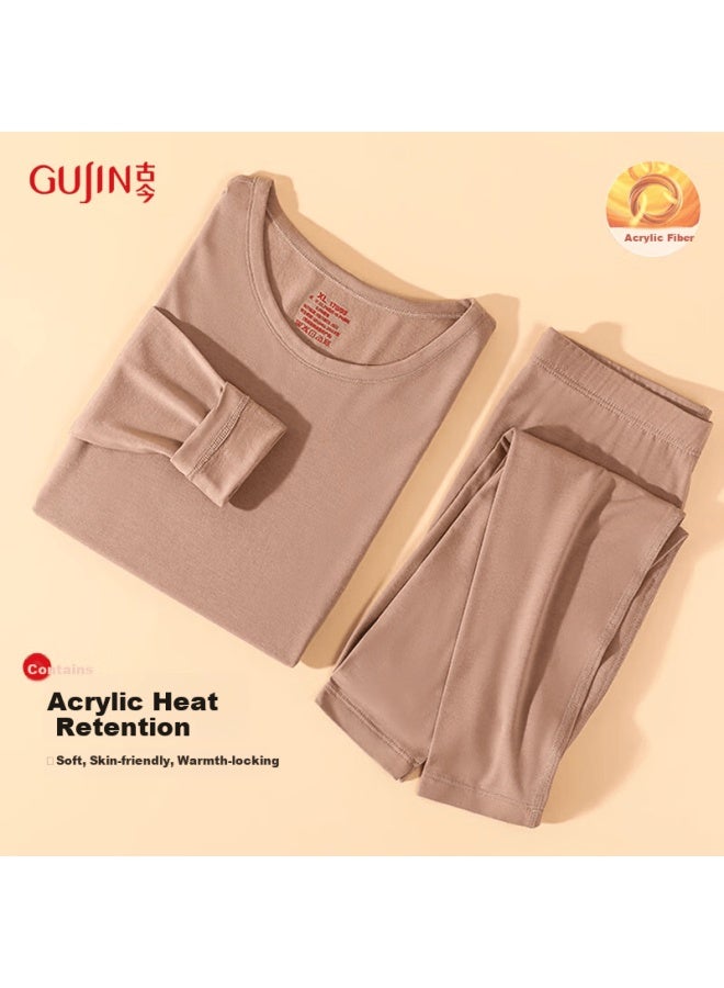 Gujin Autumn Winter Fleece Lined Thermal Set Women's Long Sleeve Round Neck Thickened Warm Underwear - Image 3