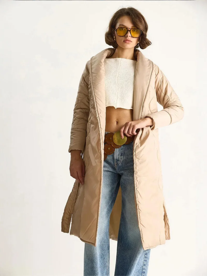 Bianco Lucci Cream Natural LUCCI Textured Shawl Collar Midi Puffer Jacket with Tie Closure for Women | Best Price UAE