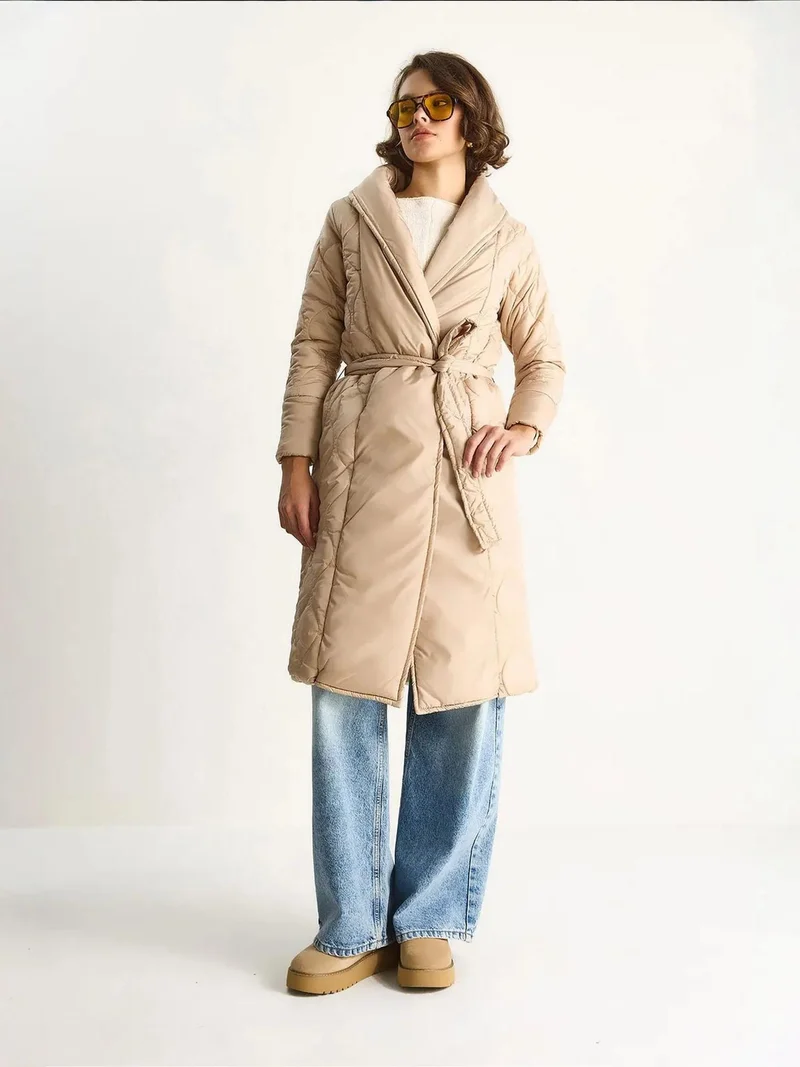 Bianco Lucci Cream Natural LUCCI Textured Shawl Collar Midi Puffer Jacket with Tie Closure for Women | Best Price UAE