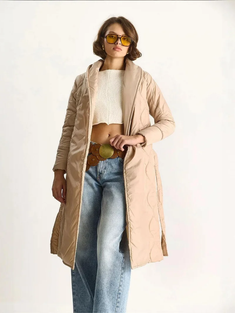 Bianco Lucci Cream Natural LUCCI Textured Shawl Collar Midi Puffer Jacket with Tie Closure for Women | Best Price UAE