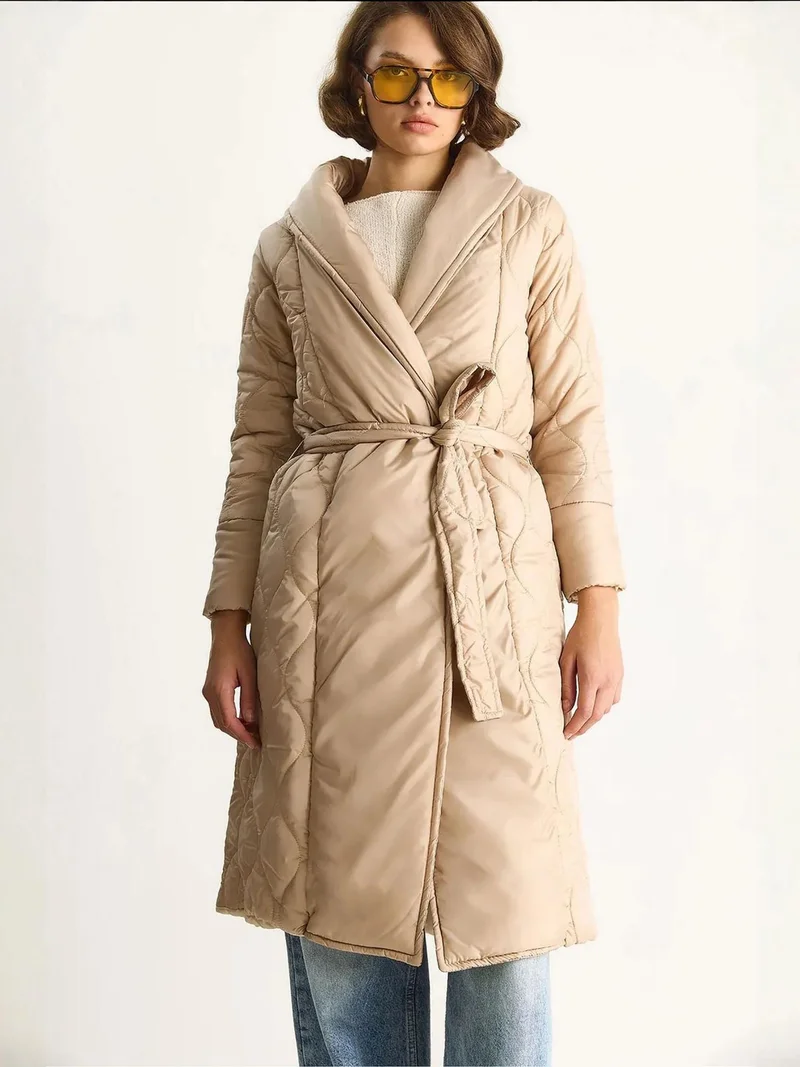 Bianco Lucci Cream Natural LUCCI Textured Shawl Collar Midi Puffer Jacket with Tie Closure for Women | Best Price UAE