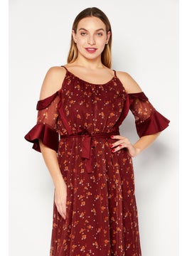 VERO MODA Women  Floral Pattern Midi Dress, Maroon Combo  - Image 3