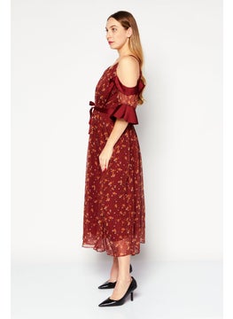 VERO MODA Women  Floral Pattern Midi Dress, Maroon Combo  - Image 4