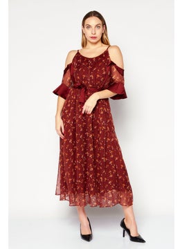 VERO MODA Women  Floral Pattern Midi Dress, Maroon Combo  - Image 1