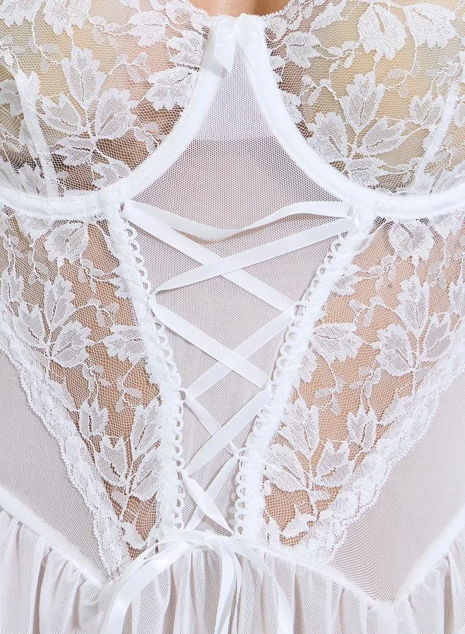 Styli White White Floral Lace Mesh Underwired Babydoll with Brief and Garters for Women | Best Price UAE