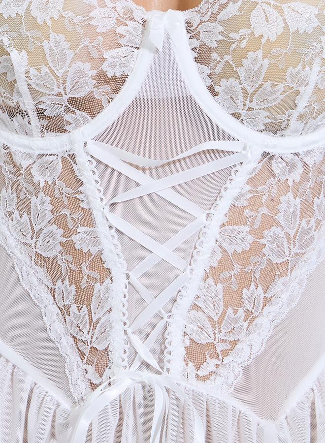 Styli White Floral Lace Mesh Underwired Babydoll with Brief and Garters - Image 4