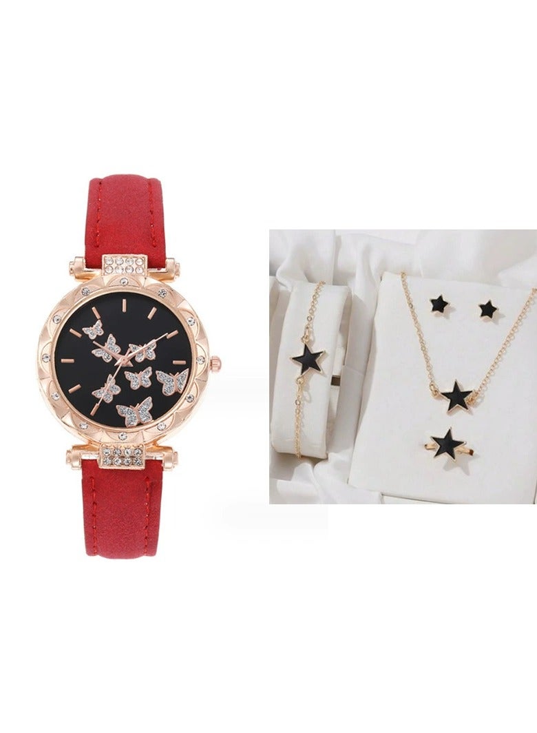 Goolsky Butterfly Design Red Watch with Star Jewelry Set – Includes Bracelet, Earrings, Ring & Necklace – Fashion Gift Set for Women & Girls  - Image 1