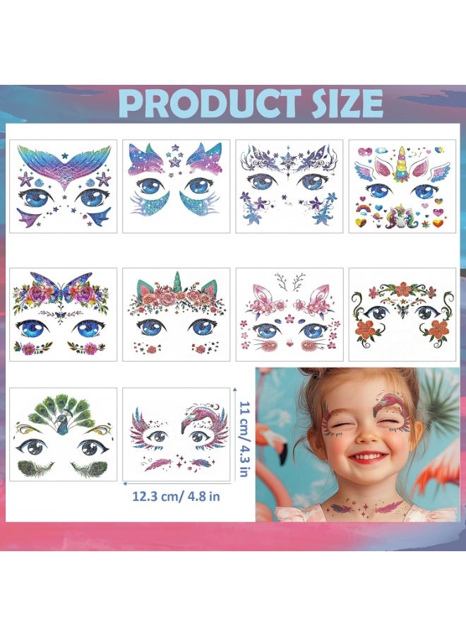 10 Sheets Glitter Face Tattoos for Kids Animal Fake Tattoos for Girls Face Makeup Tattoo Mermaid Butterfly Temporary Face Tattoo Birthday Makeup Stickers Party Favors - Image 2
