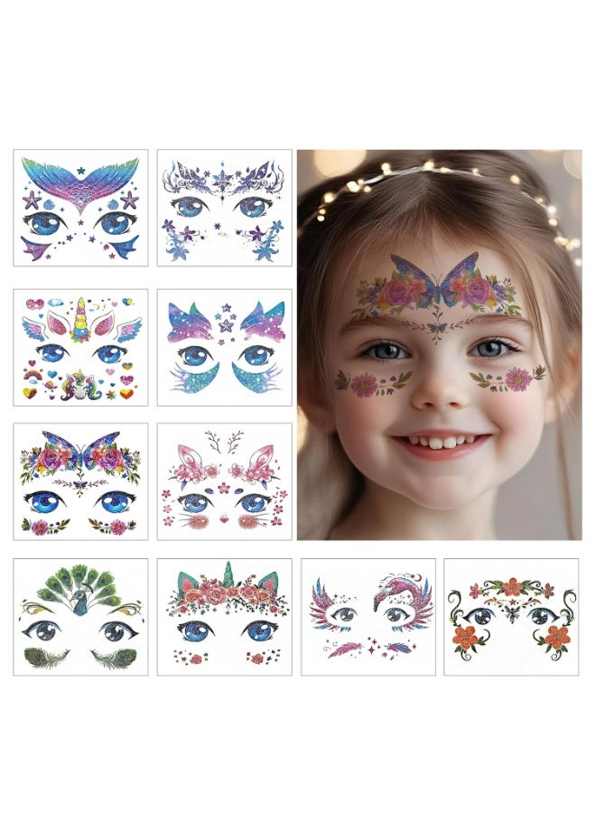 10 Sheets Glitter Face Tattoos for Kids Animal Fake Tattoos for Girls Face Makeup Tattoo Mermaid Butterfly Temporary Face Tattoo Birthday Makeup Stickers Party Favors - Image 1