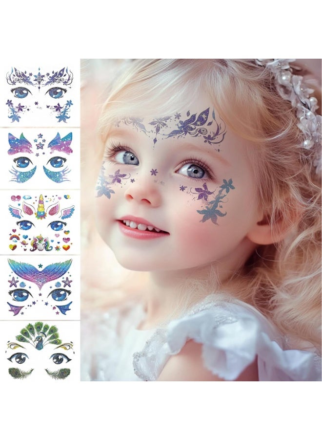 10 Sheets Glitter Face Tattoos for Kids Animal Fake Tattoos for Girls Face Makeup Tattoo Mermaid Butterfly Temporary Face Tattoo Birthday Makeup Stickers Party Favors - Image 3