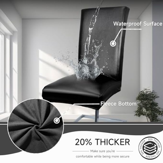 WENZMOC PU Leather Dining Chair Covers Removable 100% Waterproof Chair Covers for Dining Chairs Set of 4, Stretchy & Soft High Back Kitchen Chairs Cover Protectors (Black) - Image 3