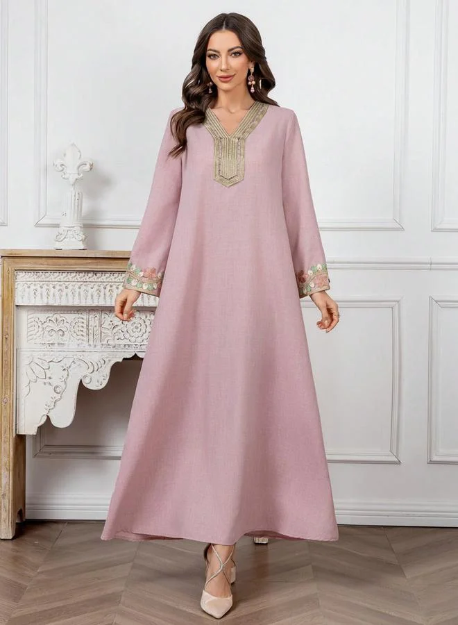 Take Two Embroidery Detail Long Sleeve Maxi Jalabiya