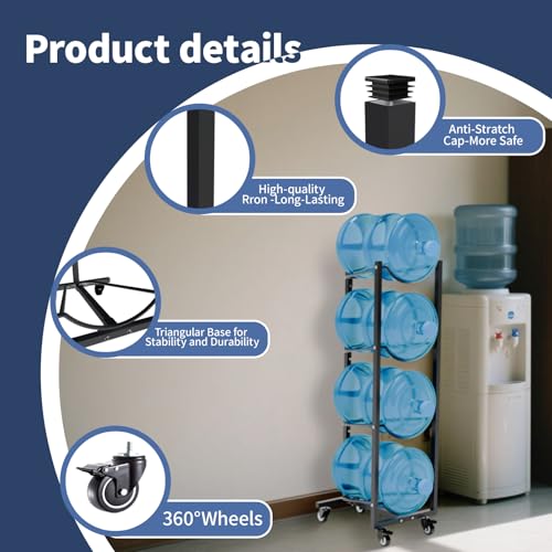 XXSJ 5 Gallon Water Jug Holder with 4 Wheels: 4 Tier Steel 5 Gal Water Bottle Storage Rack Stand for Home Kitchen Office Gym Garage - Image 4