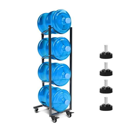 XXSJ 5 Gallon Water Jug Holder with 4 Wheels: 4 Tier Steel 5 Gal Water Bottle Storage Rack Stand for Home Kitchen Office Gym Garage - Image 1