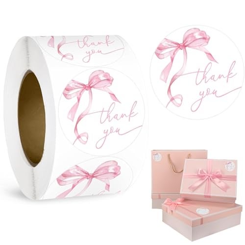 FujDun 500pcs Pink Thank You Stickers, 1.5 Inch Watercolor Bowknot Thank You Labels, Self-Adhesive Small Business Stickers for Gift Packaging (Pink) - Image 1