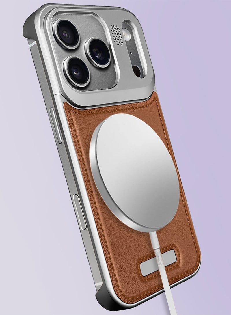 CATANES 3 Packs Leather Aluminum Alloy Metal Case for iPhone 17 Pro Max - with Aromatherapy and MagSafe with Two 3D Screen Protectors - Silver Brown - Image 3