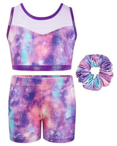 JiAmy Two Piece Gymnastics Leotards for Girls, Sleeveless Sparkly Dance Biketards with Shorts Ballet Tumbling Outfit purple 6-7 Years - Image 1
