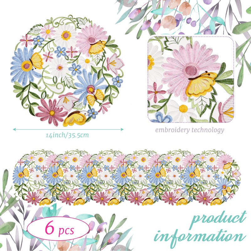 Tudomro 6 Pcs 14'' Spring Round Placemats Easter Flower Embroidered Doilies Daisy Table Placemat for Home Dining Holiday Kitchen Table Decoration - Image 2