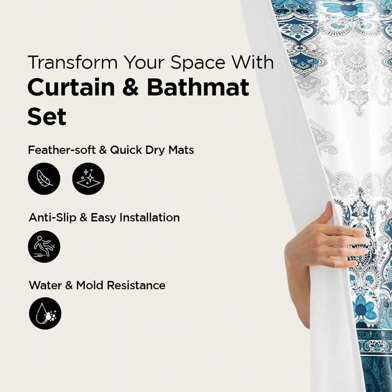 Homestic Shower Curtain & Bathmat Set | Non-Slip Bath mats for Bathroom | Easy-Slide Curtains | Polyester Curtain or Bathmat for Bath D?cor | XTL224-3T | 3 Pcs Set | Multicolor - Image 2
