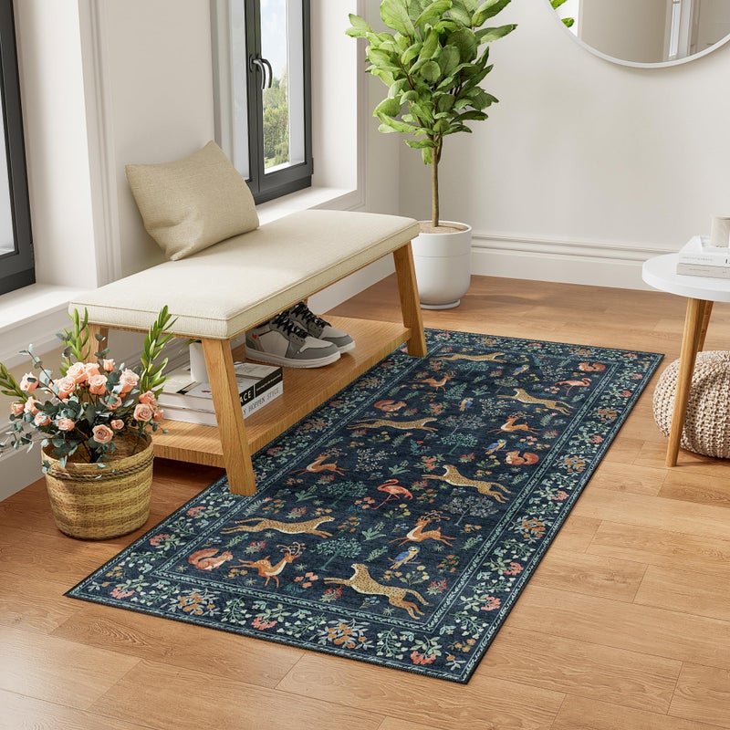 DUKINO 2x6 Rug for Hallway, Washable Kitchen Runner Rug with Non Slip Backing, Soft Low Pile Vintage Animal Runner for Bedroom, Kitchen, Hallway, Entryway, Laundry, Navy Blue - Image 2