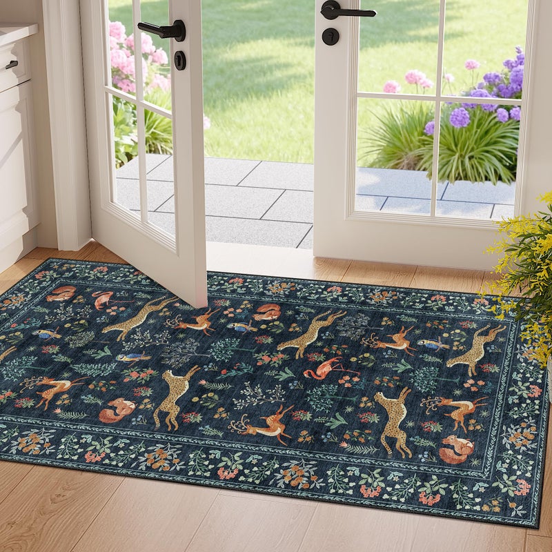 DUKINO 2x6 Rug for Hallway, Washable Kitchen Runner Rug with Non Slip Backing, Soft Low Pile Vintage Animal Runner for Bedroom, Kitchen, Hallway, Entryway, Laundry, Navy Blue - Image 1