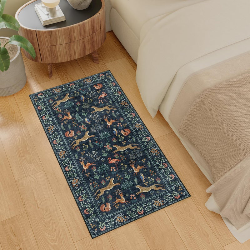 DUKINO 2x6 Rug for Hallway, Washable Kitchen Runner Rug with Non Slip Backing, Soft Low Pile Vintage Animal Runner for Bedroom, Kitchen, Hallway, Entryway, Laundry, Navy Blue - Image 4