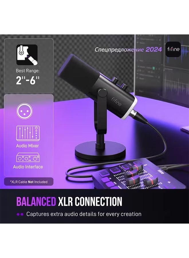 FIFINE USB/XLR Dynamic Microphone with RGB Control/Headphone jack/Mute,MIC for PC Gaming Recording Streaming AmpliGame-AM8 - Image 2