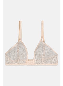 NA-KD Women Lace Flower Structured Bra, Beige  - Image 1