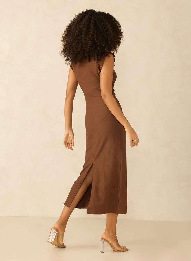 Outzidr  Brown Ruching Detail Midi Dress for Women | Best Price UAE