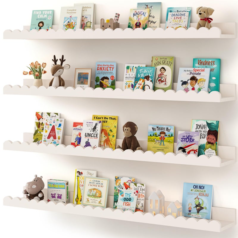 Shario Nursery Book Shelves, 4-Pack White Floating Shelves for Wall Kids, Scalloped Shelves, Wall Book Shelves for Bedroom Kids, Toddler Room, Baby Room, Nursery Decor (White, 36 Inches) - Image 1