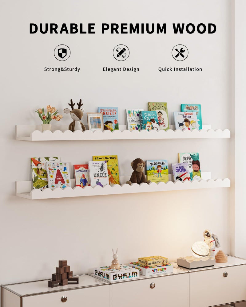 Shario Nursery Book Shelves, 4-Pack White Floating Shelves for Wall Kids, Scalloped Shelves, Wall Book Shelves for Bedroom Kids, Toddler Room, Baby Room, Nursery Decor (White, 36 Inches) - Image 2