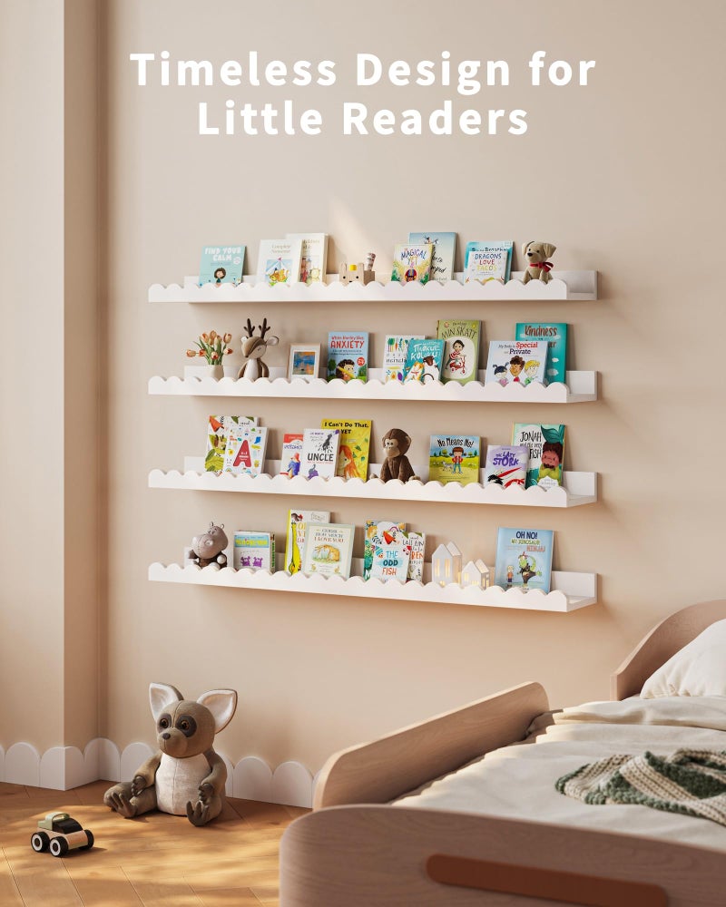 Shario Nursery Book Shelves, 4-Pack White Floating Shelves for Wall Kids, Scalloped Shelves, Wall Book Shelves for Bedroom Kids, Toddler Room, Baby Room, Nursery Decor (White, 36 Inches) - Image 5