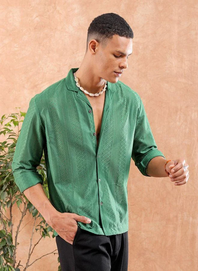 Men Relaxed Fit Solid Full Sleeves Cuban Collar Resort Wear Shirt