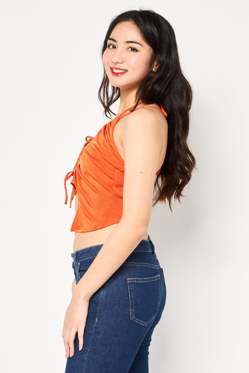 Bershka Women Halter Neck Sleeveless Solid Tank Top, Orange - Image 2