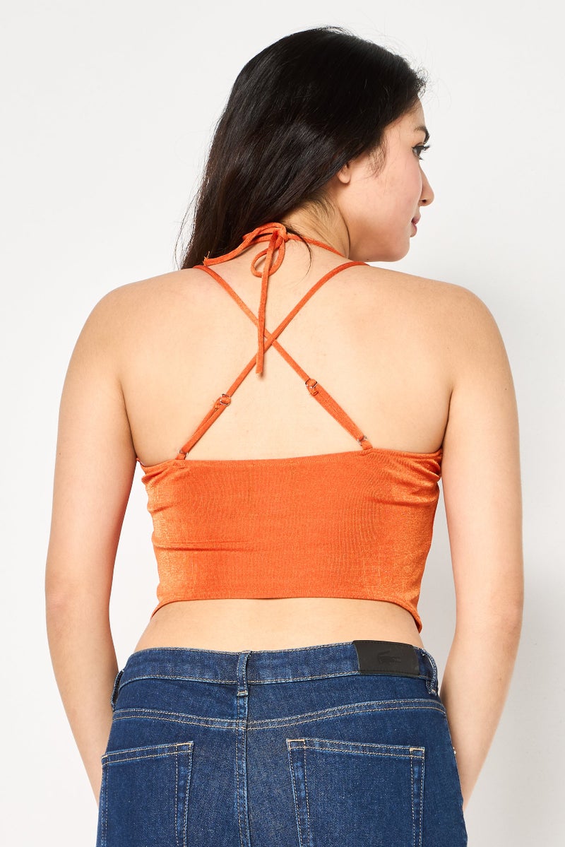 Bershka Women Halter Neck Sleeveless Solid Tank Top, Orange - Image 4