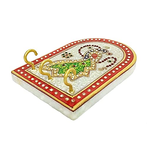 Handicraft Kingdom Marble Key Holder For Wall Stylish With Wood Rajasthani Art Work Clock 3 Hook Hanging Rack Stand Mount Showpiece For Home Office Dcor Approx Size6 Inch Wt630 Gm Pack Of 2  - Image 3