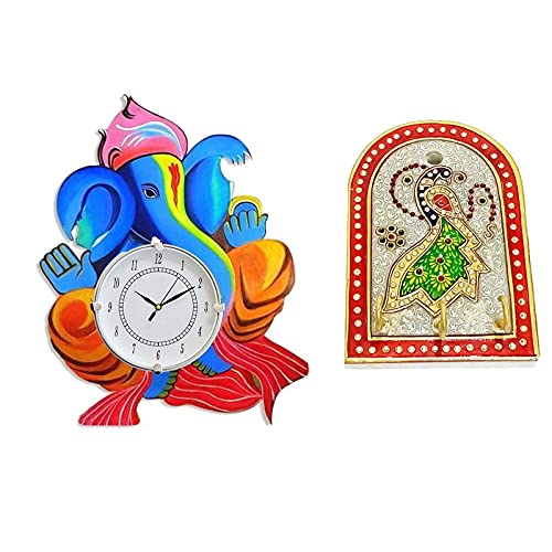 Handicraft Kingdom Marble Key Holder For Wall Stylish With Wood Rajasthani Art Work Clock 3 Hook Hanging Rack Stand Mount Showpiece For Home Office Dcor Approx Size6 Inch Wt630 Gm Pack Of 2  - Image 1