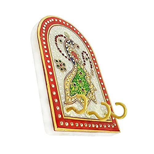 Handicraft Kingdom Marble Key Holder For Wall Stylish With Wood Rajasthani Art Work Clock 3 Hook Hanging Rack Stand Mount Showpiece For Home Office Dcor Approx Size6 Inch Wt630 Gm Pack Of 2  - Image 2