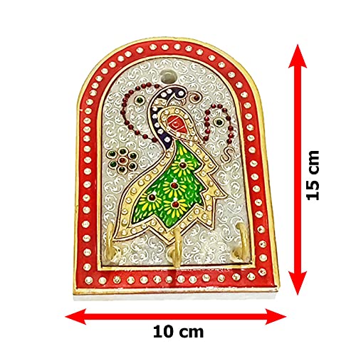 Handicraft Kingdom Marble Key Holder For Wall Stylish With Wood Rajasthani Art Work Clock 3 Hook Hanging Rack Stand Mount Showpiece For Home Office Dcor Approx Size6 Inch Wt630 Gm Pack Of 2  - Image 4