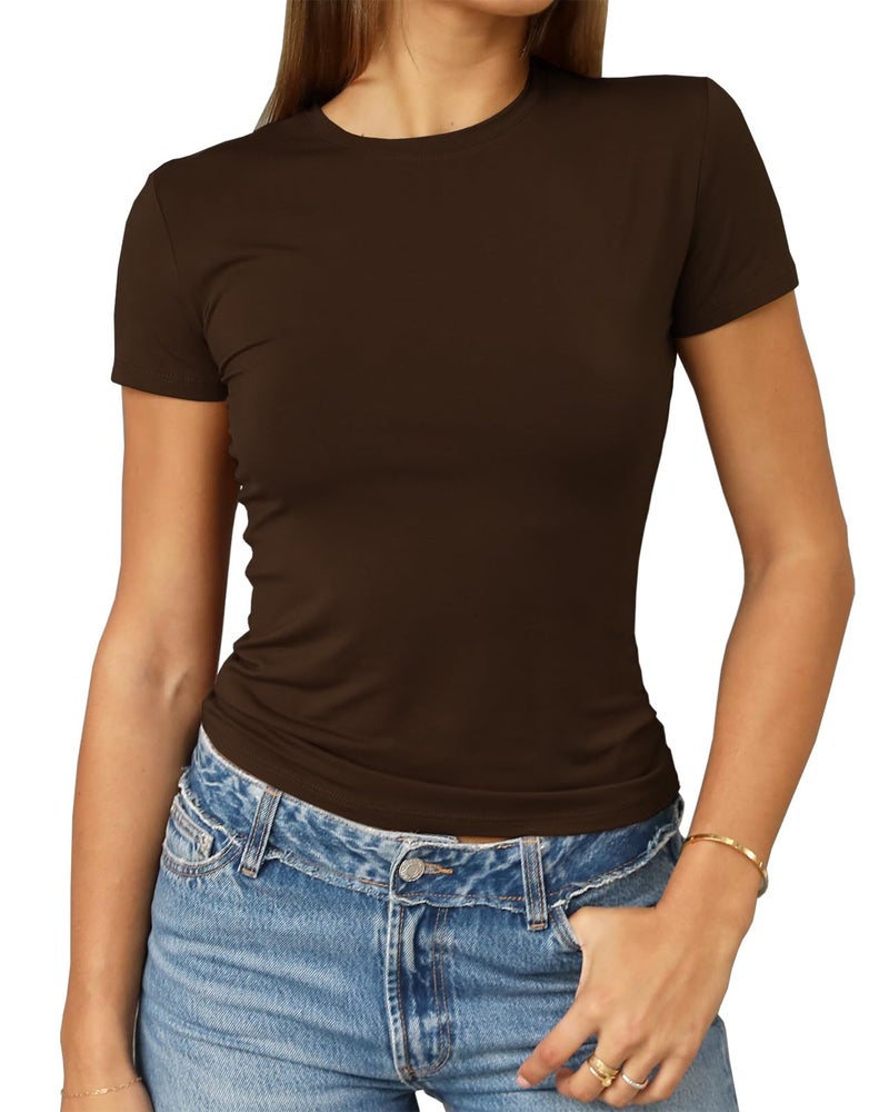 Abardsion Women's Casual Basic Going Out Crop Tops Slim Fit Short Sleeve Crew Neck Tight T Shirts 2026 (Deep Brown, S) - Image 1