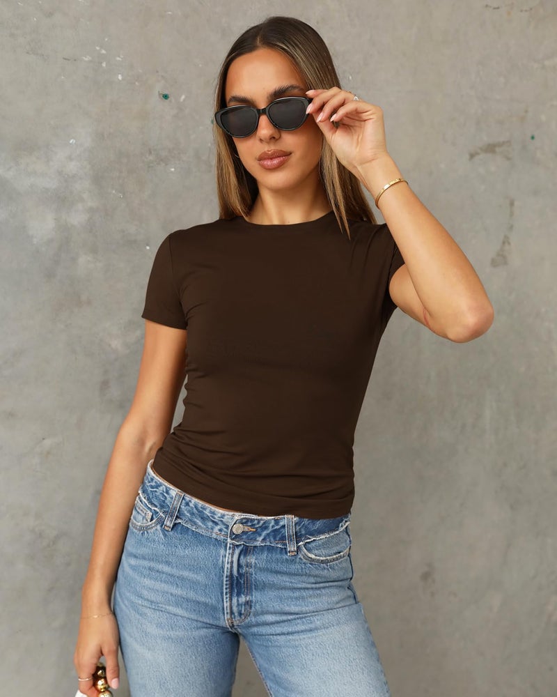 Abardsion Women's Casual Basic Going Out Crop Tops Slim Fit Short Sleeve Crew Neck Tight T Shirts 2026 (Deep Brown, S) - Image 2