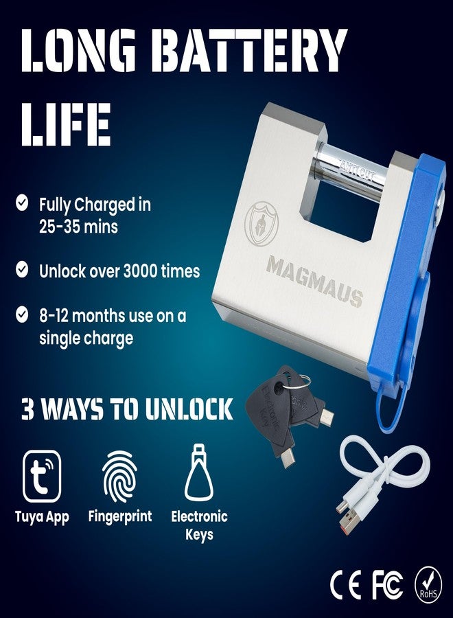 Magmaus® SRL70 Smart Fingerprint Padlock - Advanced Biometric Security Lock with App Control, 20 Fingerprint Memory, 2 Digital Keys, Heavy-Duty Construction for Gate, Storage Unit, Property - Image 5