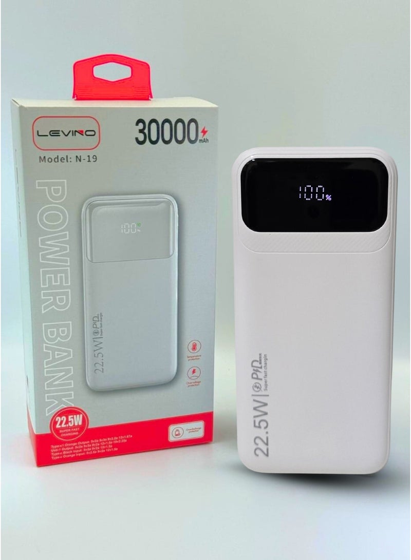 LEVINO 30000mAh Power Bank with 22.5W Fast Charging – 2 USB & 1 Type-C Ports, Digital Display, Overvoltage & Temperature Protection, Includes Type-C, Lightning & USB Cables – White - Image 4