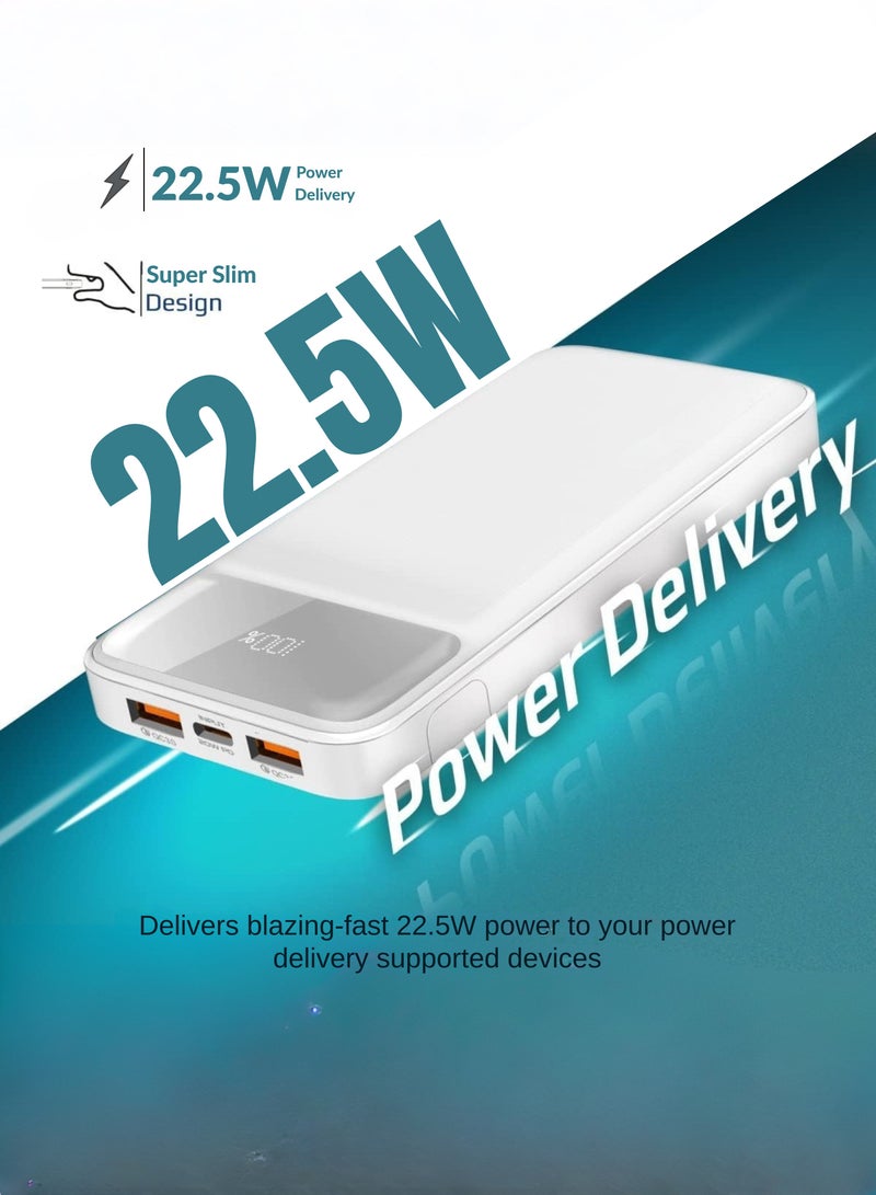 LEVINO 30000mAh Power Bank with 22.5W Fast Charging – 2 USB & 1 Type-C Ports, Digital Display, Overvoltage & Temperature Protection, Includes Type-C, Lightning & USB Cables – White - Image 2