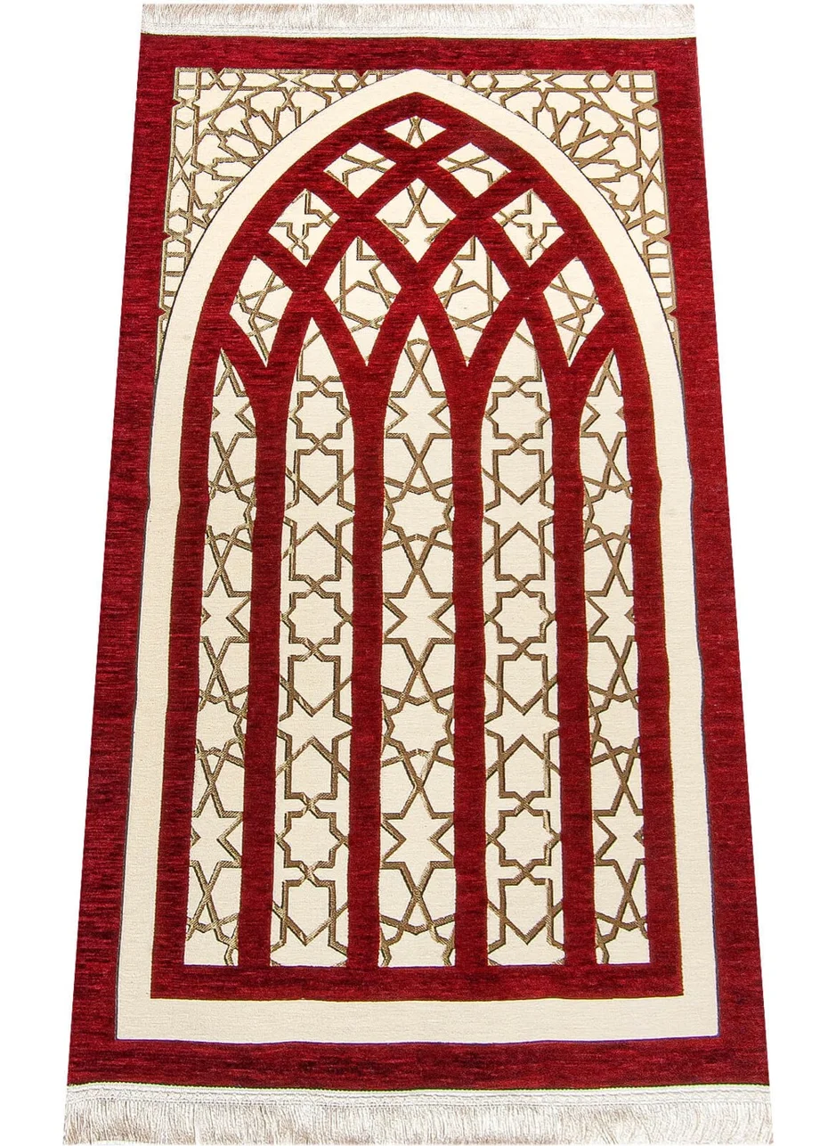 İhvan Online Star Patterned Chenille Prayer Rug - Red